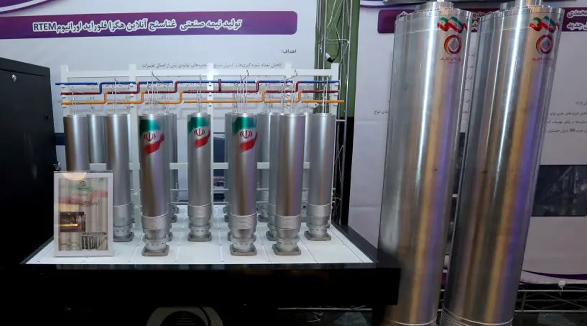 A number of new generation Iranian centrifuges are seen on display during Iran's National Nuclear Energy Day in Tehran