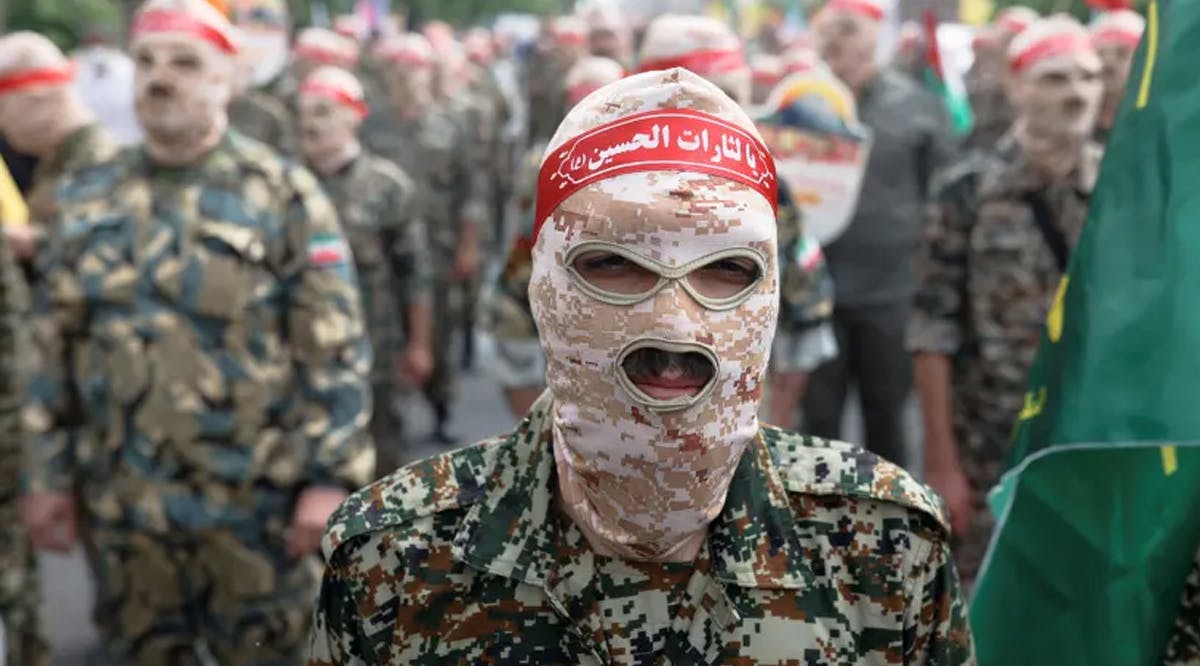 Members of a special IRGC force attend a rally marking the annual Quds Day