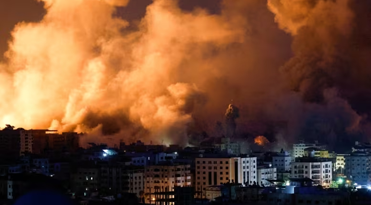 Flames and smoke billow during Israeli strikes in Gaza