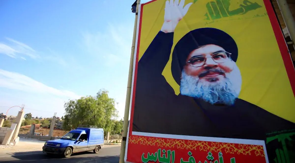 A poster of Hezbollah Secretary-General Hassan Nasrallah in southern Lebanon