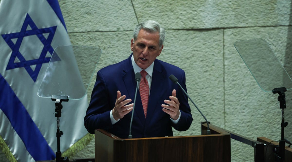 US House Speaker Kevin McCarthy speaks at a special session of the Knesset plenum
