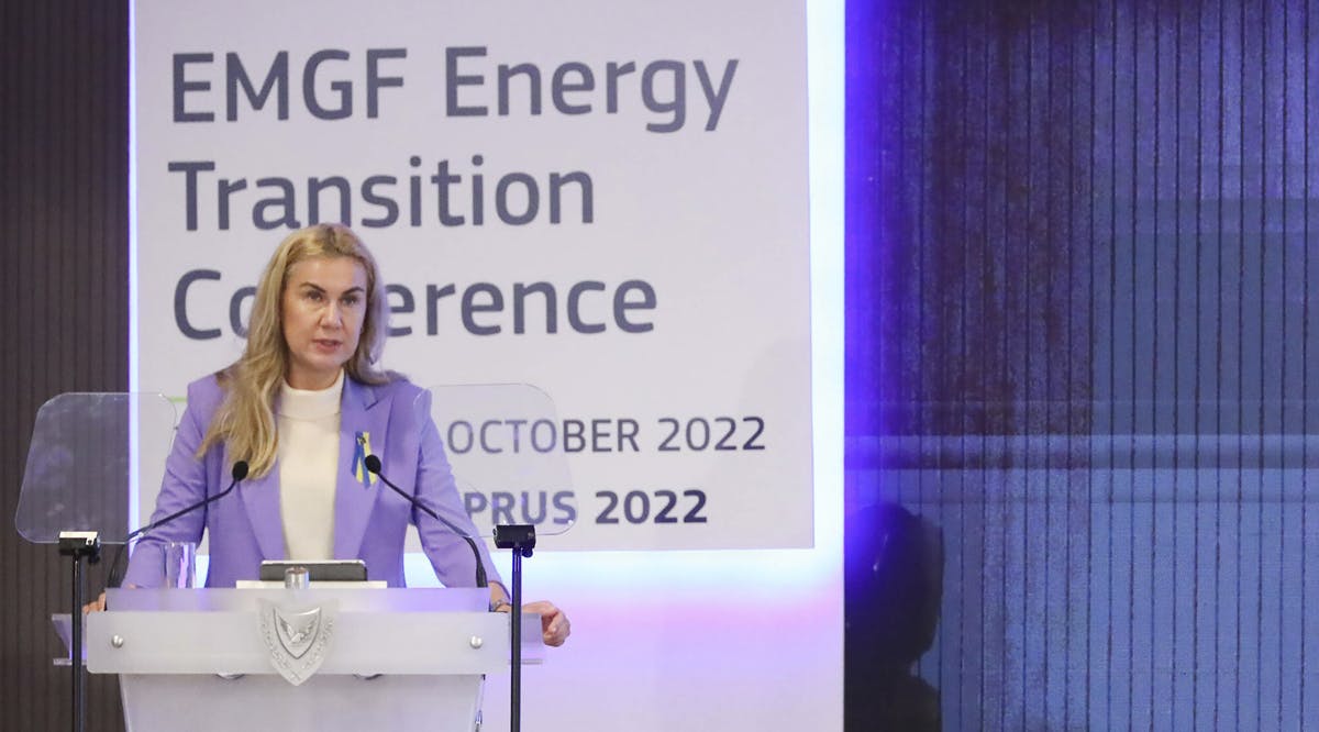 European Union's energy commissioner Kadri Simson speaks during the East Mediterranean Gas Forum conference