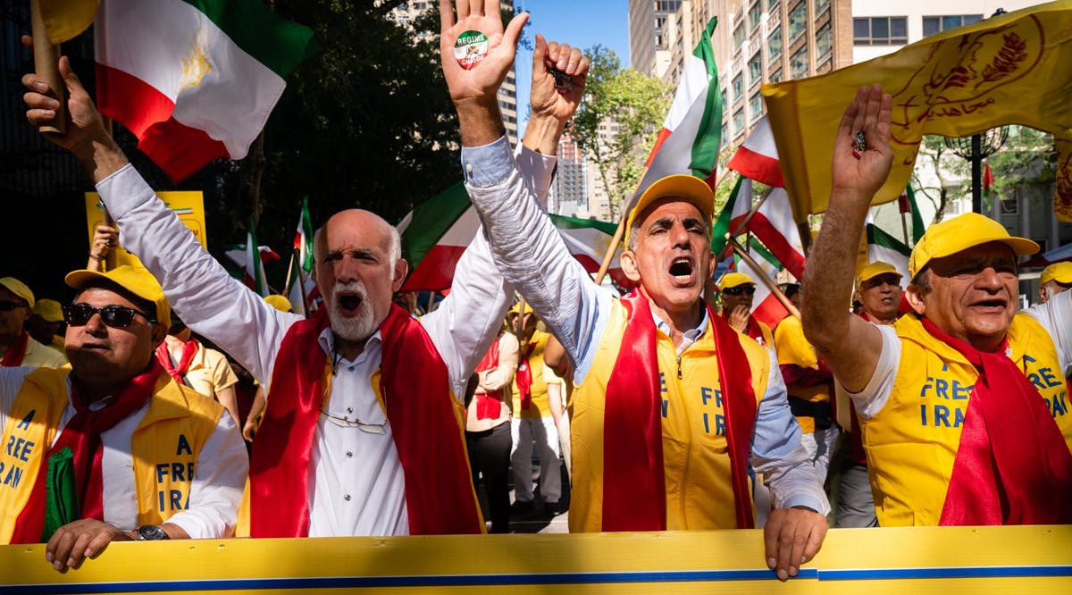 Iranian anti-regime activists protest outside the United Nations as Iranian President Ebrahim Raisi delivers a speech to the General Assembly