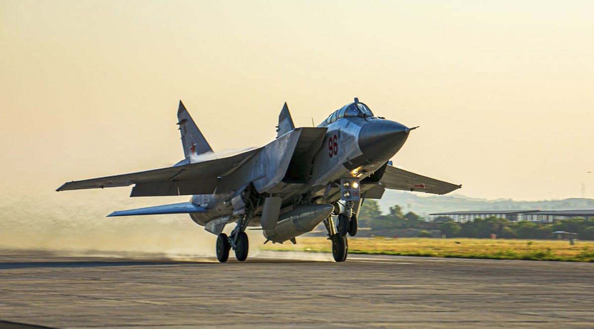 Russian MiG-31 fighter jet takes off from the Hemeimeem air base in Syria 