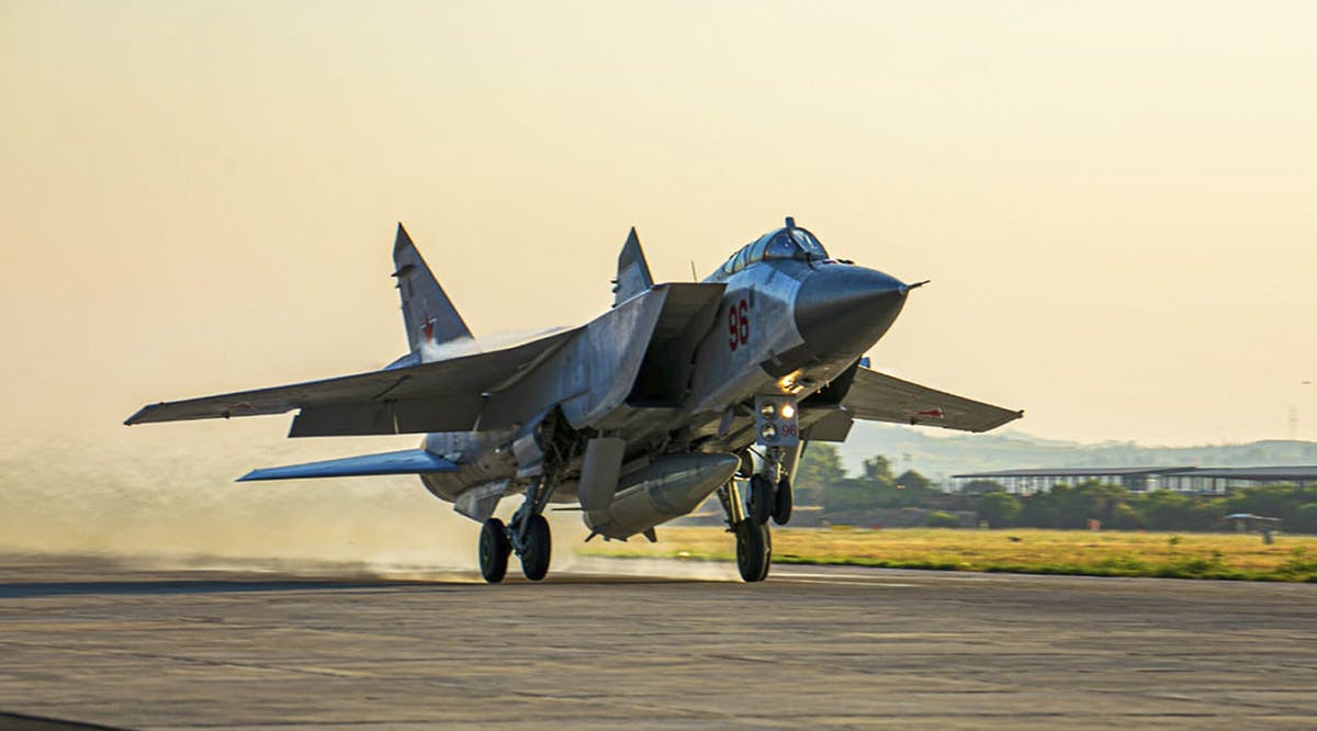 Russian MiG-31 fighter jet takes off from the Hemeimeem air base in Syria