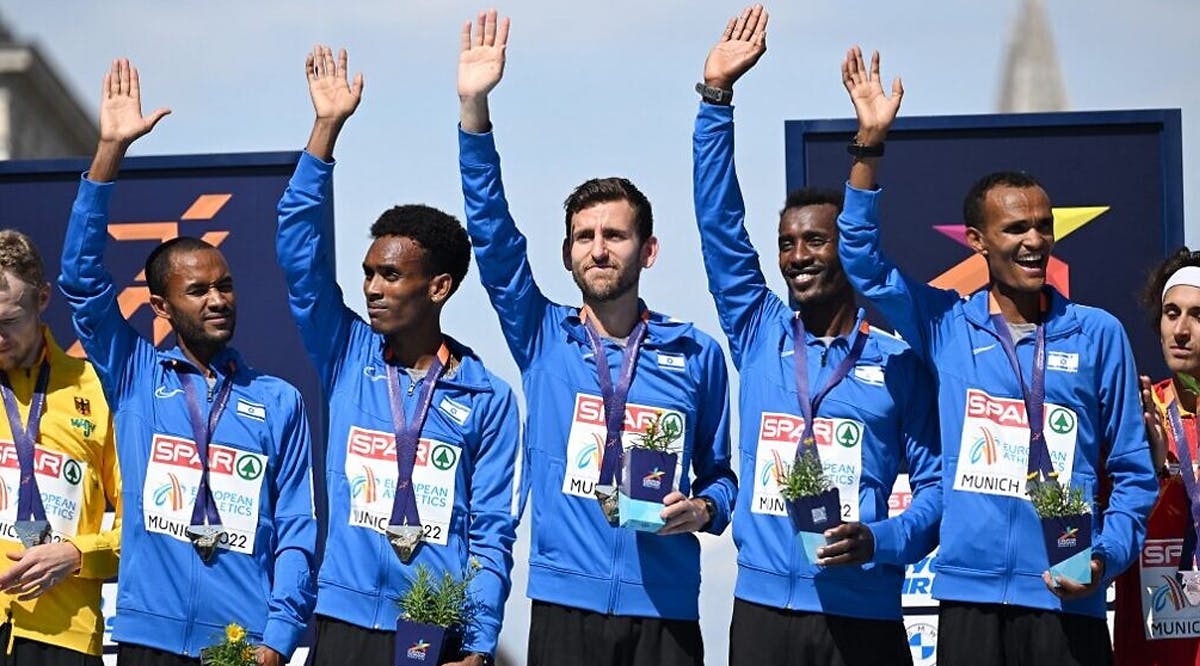 The podium after the men's marathon during the European Athletics Championships in Munich