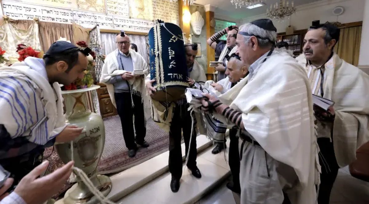 Iranian Jews pray at the Abrishami synagogue at Palestine street in Tehran