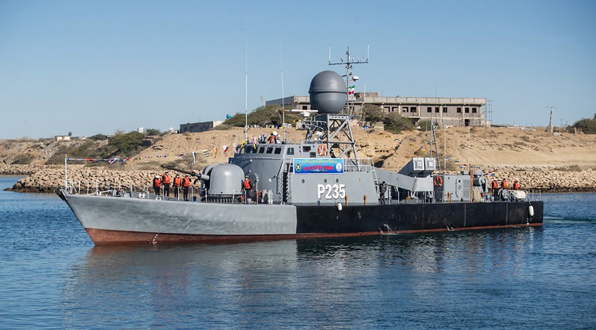 Iranian Navy warship during a navy military drill