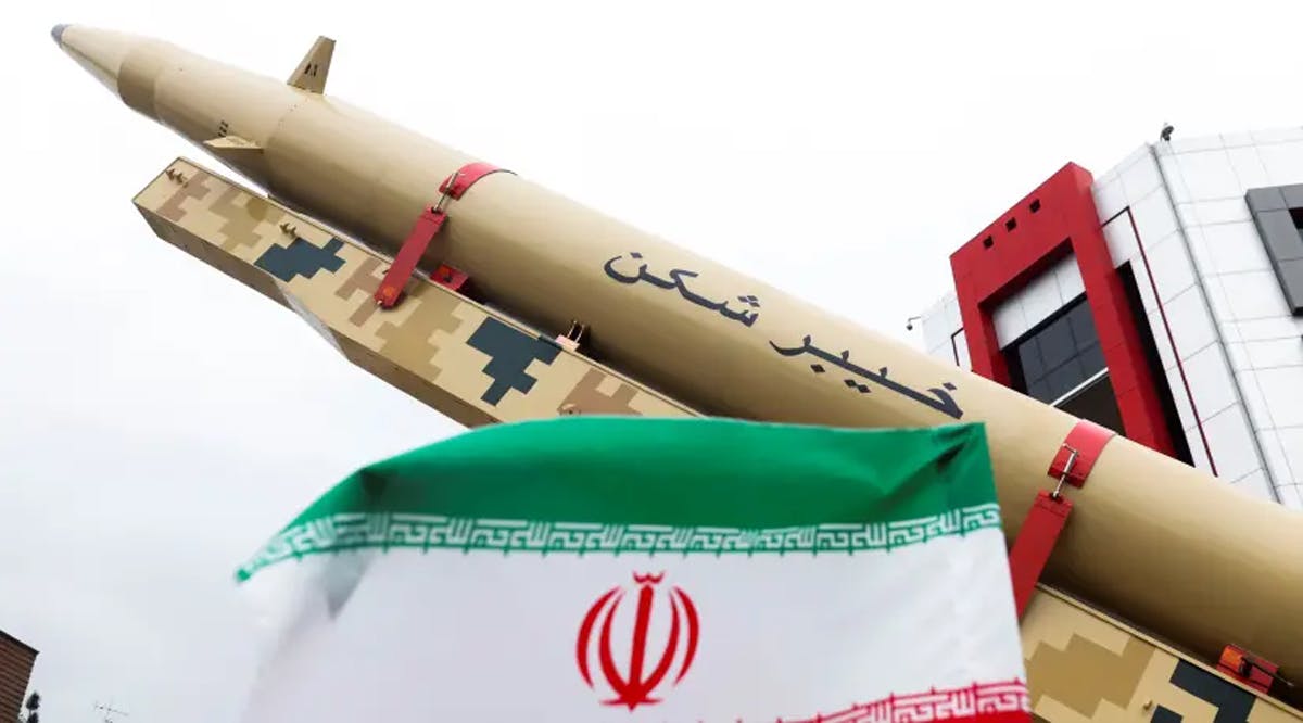 An Iranian missile is displayed during a rally marking the annual Quds Day
