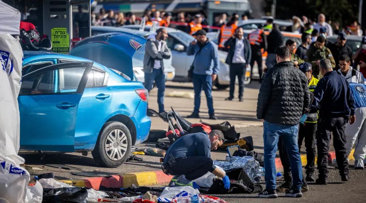 Rescue and Police at the scene of the deadly car-ramming attack near the Ramot junction, in Jerusalem