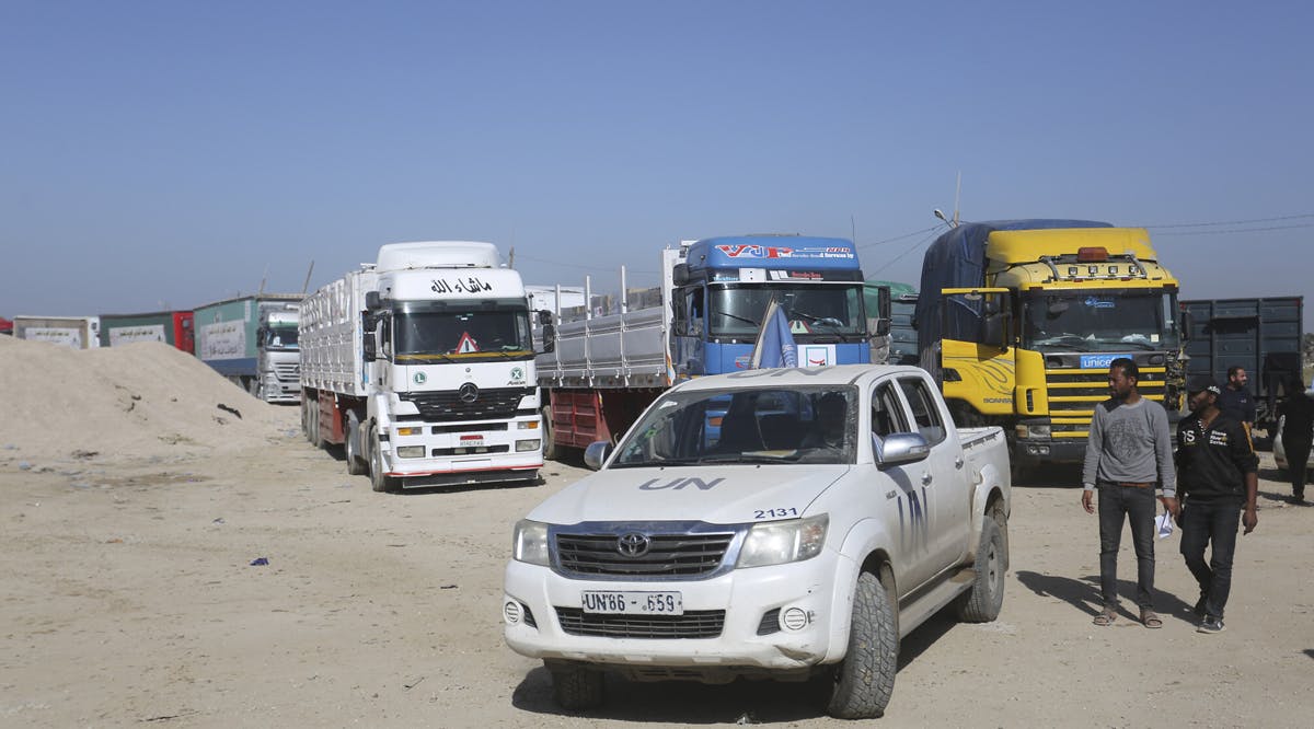 Trucks carrying humanitarian aid enter Gaza Strip from Egypt in Rafah