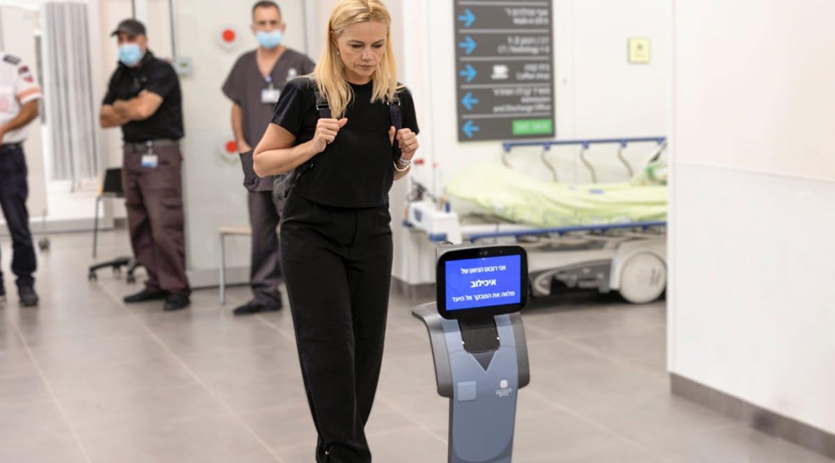 One of the new ER robots at Tel Aviv Sourasky Medical Center guides a patient