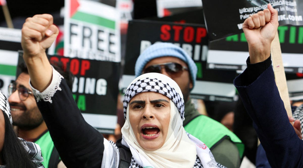 Demonstrators protest in solidarity with Palestinians in Gaza