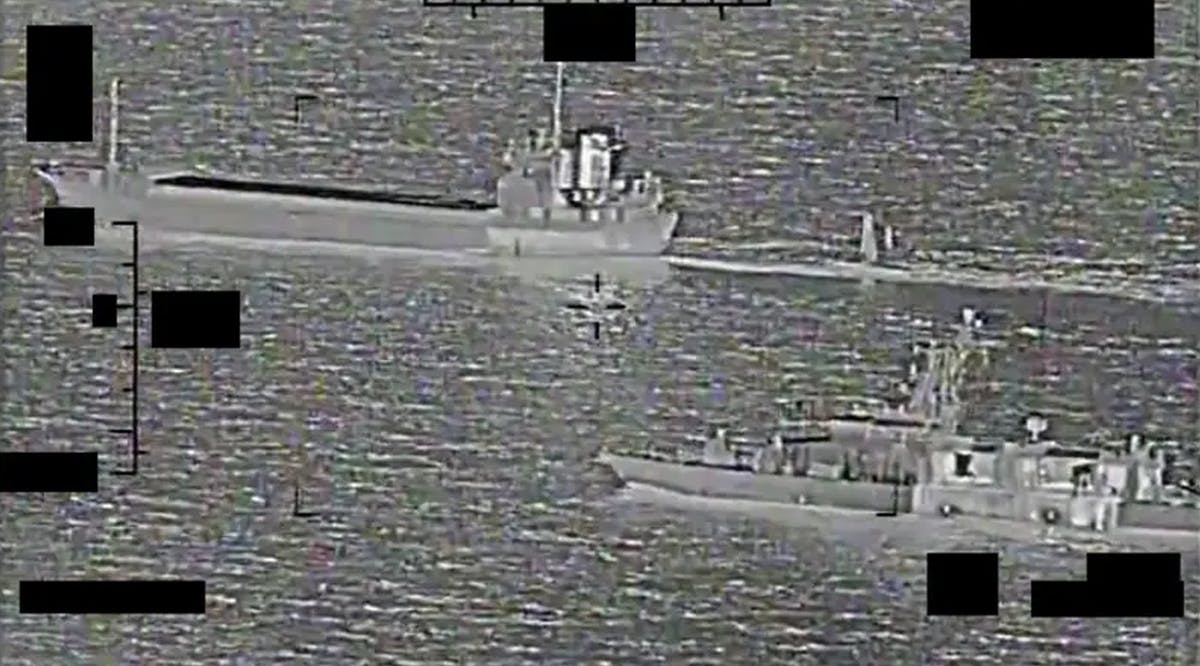 Screenshot of a video showing support ship Shahid Baziar, left, from Iran's Islamic Revolutionary Guard Corps Navy unlawfully towing a Saildrone Explorer unmanned surface vessel