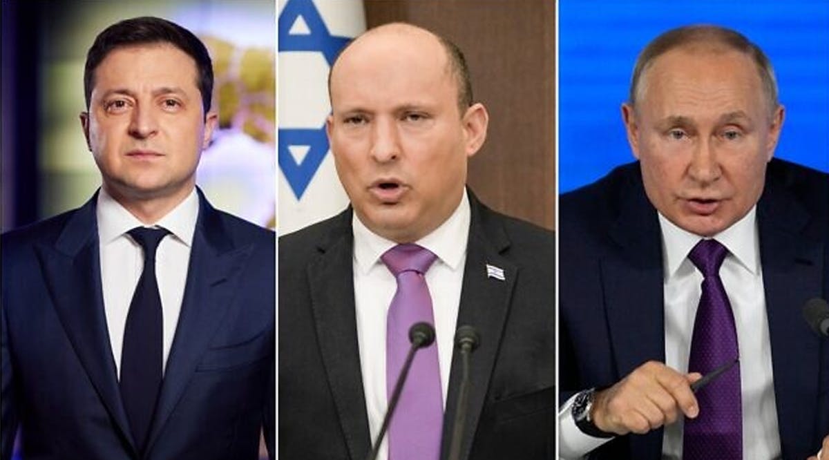 Ukrainian President Volodymyr Zelensky, Prime Minister Naftali Bennett and Russian President Vladimir Putin