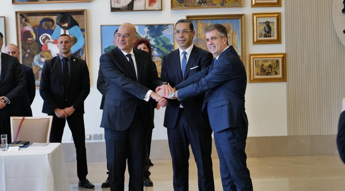 Foreign Minister Eli Cohen (right) meets with Cyprus' Foreign Minister Dr. Konstantinos Kombos (center) and Greek Foreign Minister Nikos Dendias (left) in Nicosia, Cyprus