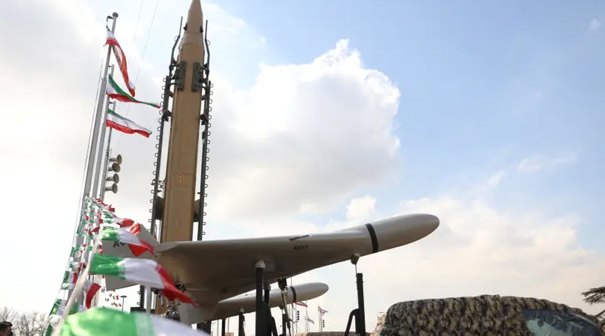 A drone is seen next to an Iranian missile during the 44th anniversary of the Islamic Revolution in Tehran, Iran