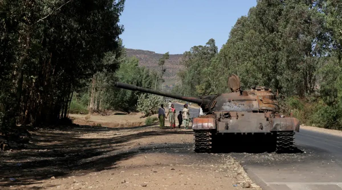 A burned tank stands near the town of Adwa, Tigray region, Ethiopia.