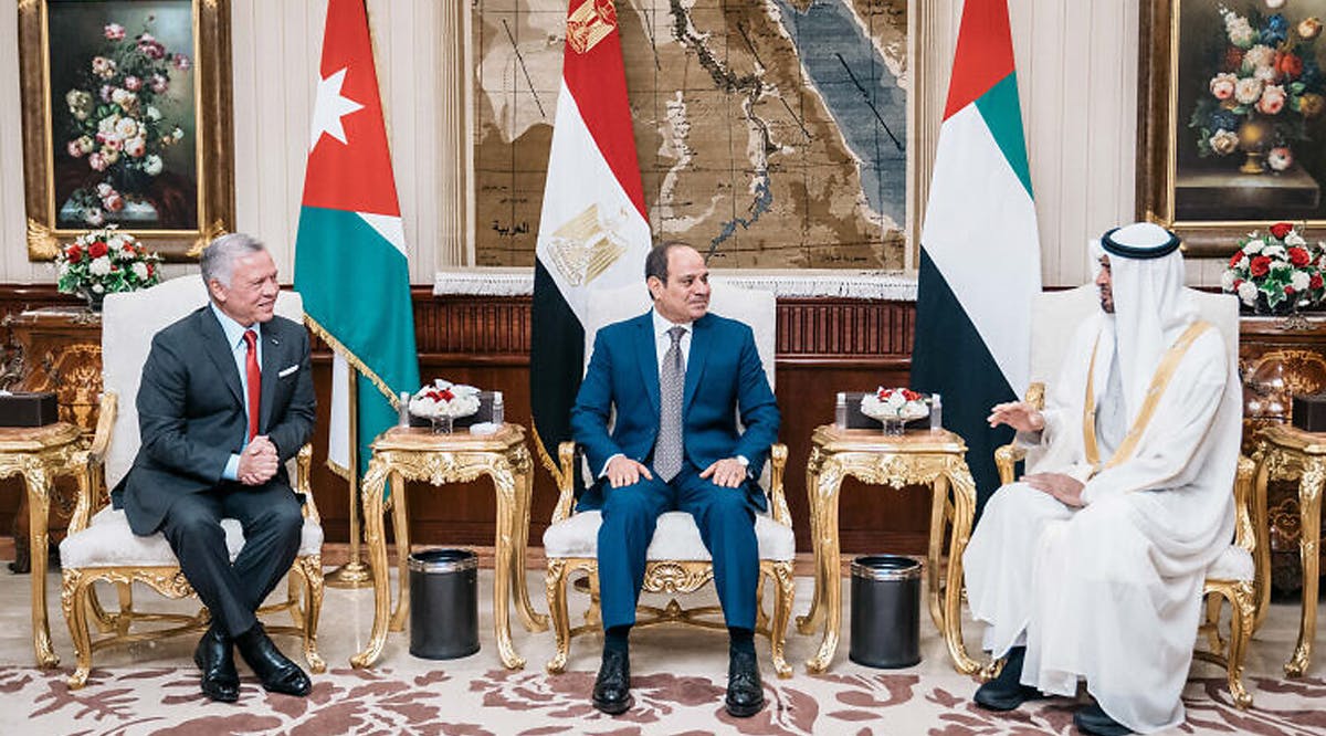 Jordan's King Abdullah II, Egyptian President Abdel-Fatteh el-Sissi and United Arab Emirates Crown Prince Mohammed bin Zayed Al Nahyan meeting in Cairo, Egypt