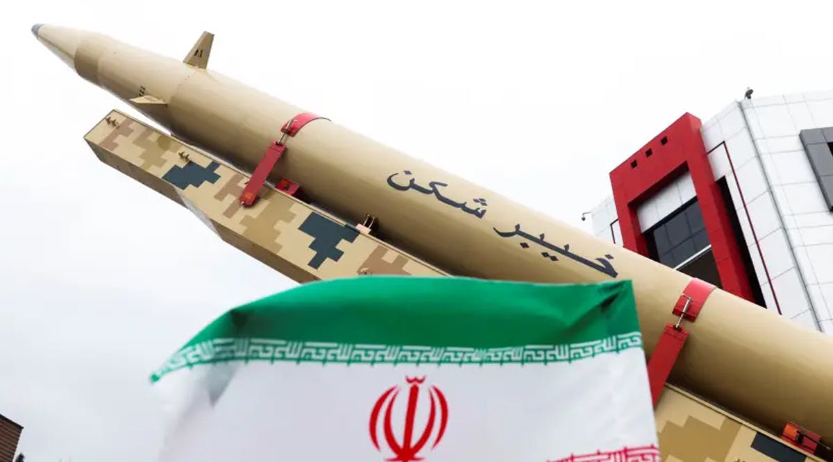 An Iranian missile is displayed during a rally marking the annual Quds Day
