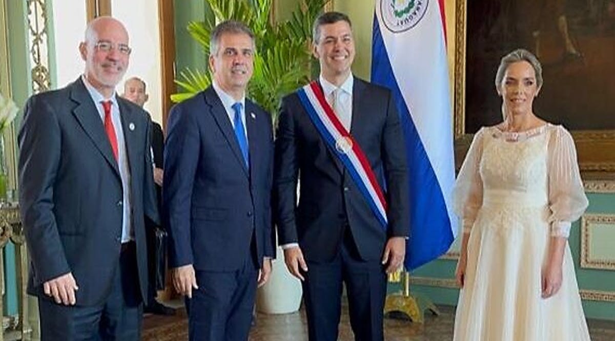 Israel Ambassador to Paraguay Yoed Magen, Foreign Minister Eli Cohen, Paraguay President Santiago Peña and First Lady Leticia Ocampos