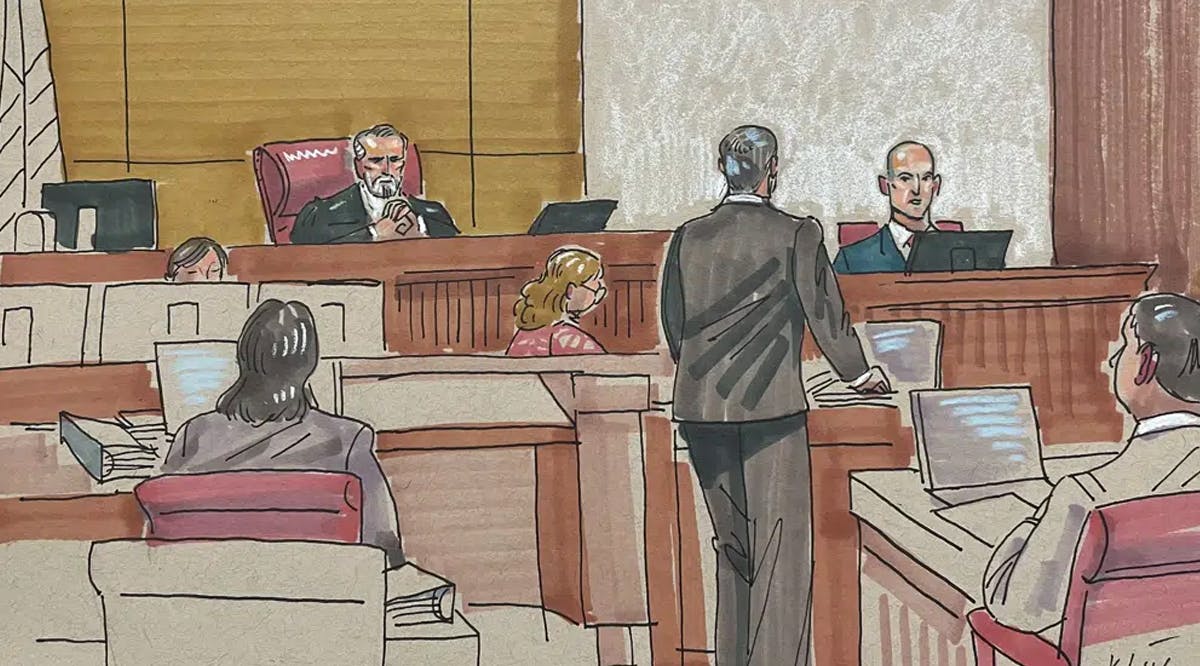 Courtroom sketch, Erich Smith testifies