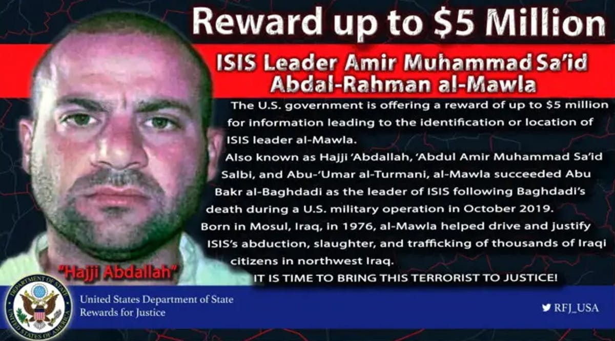 A 'wanted' notice for the Islamic State jihadist group leader Abu Ibrahim al-Quraishi