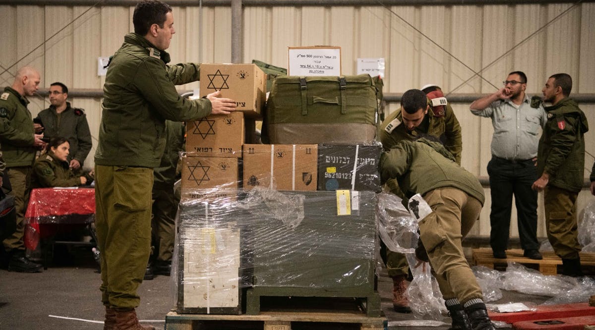 IDF soldiers prepare equipment for a field hospital to be set up in Turkey to treat victims of the earthquake
