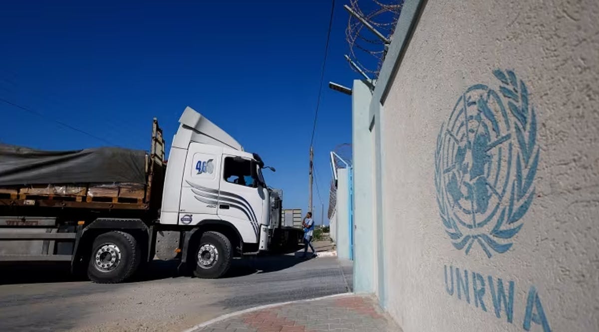 An aid truck arrives at a United Nations storage facility in Gaza