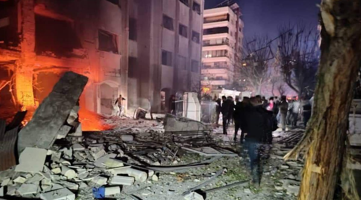 The scene of an alleged Israeli airstrike in the Kafar Sousah neighborhood of Syria's capital, Damascus