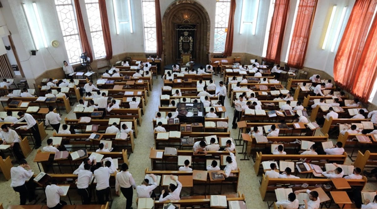 Ultra-Orthodox Jewish men study in the Lithuanian Slabodka yeshiva in the ultra-Orthodox city of Bnei Brak