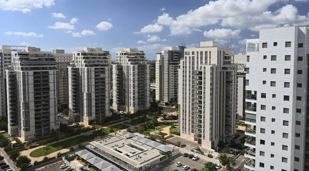 Newly completed high-rise residential buildings in the 1200 neighborhood of Hod Hasharon, in central Israel