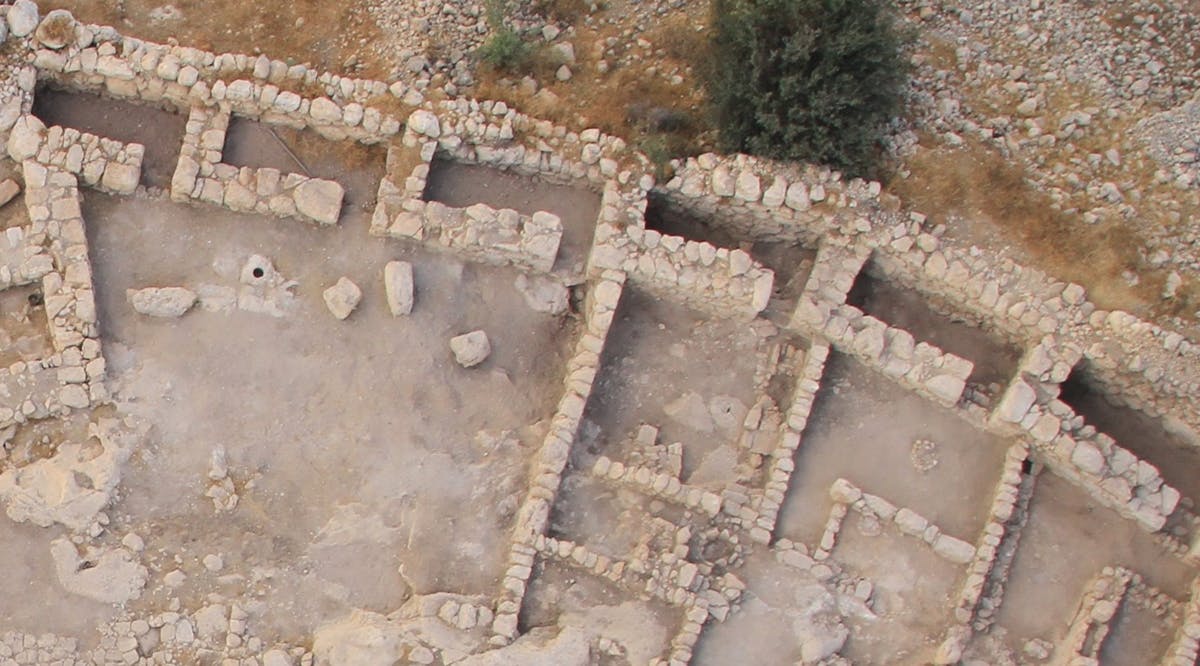 An aerial view of the casements of the city wall of Khirbet Qeiyafa