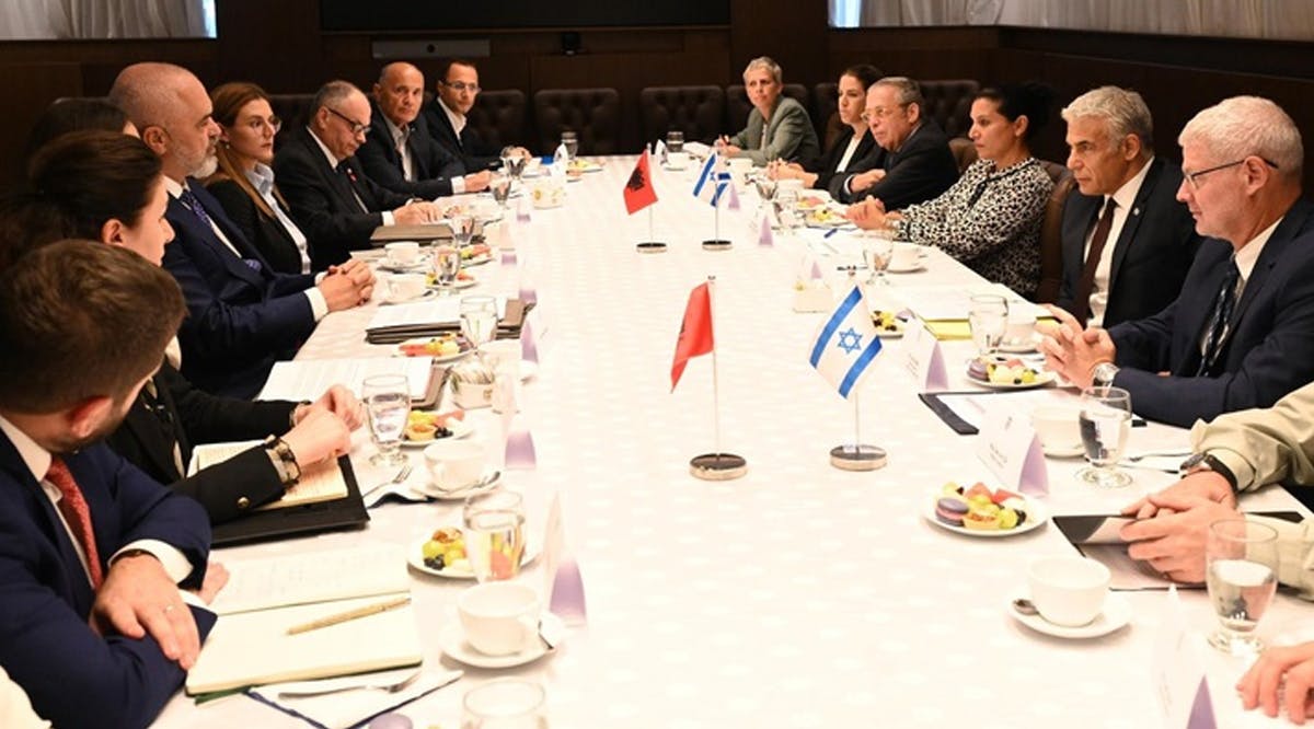 Prime Minister Yair Lapid and Albanian counterpart Edi Rama alongside their teams at the Prime Minister's Office in Jerusalem