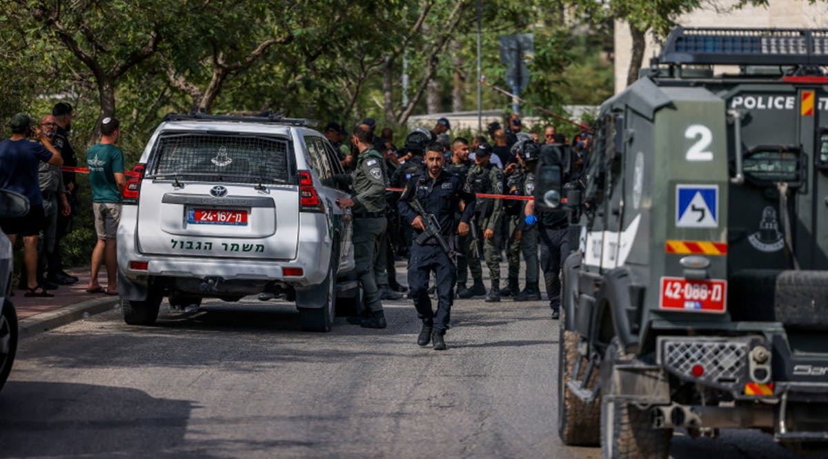 Police at the scene of a terror attack in the Jewish settlement of Ma’aleh Adumim, outside of Jerusalem