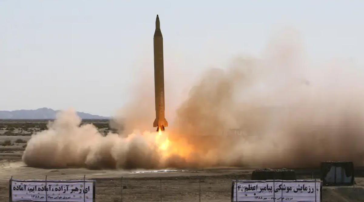 A Ghadr 1 class Shahab 3 long range missile is prepared for launch during a test from an unknown location in central Iran