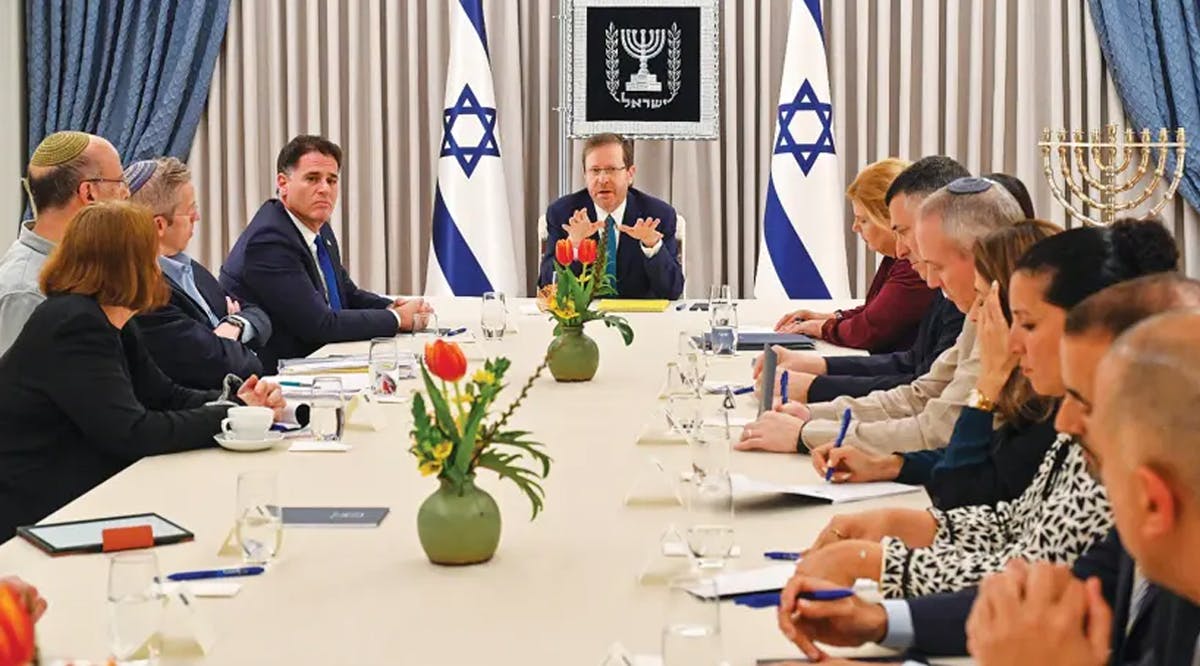 ESIDENT ISAAC HERZOG leads the first negotiation meeting over judicial overhaul compromises with representatives from Likud, National Unity, Yesh Atid and Labor