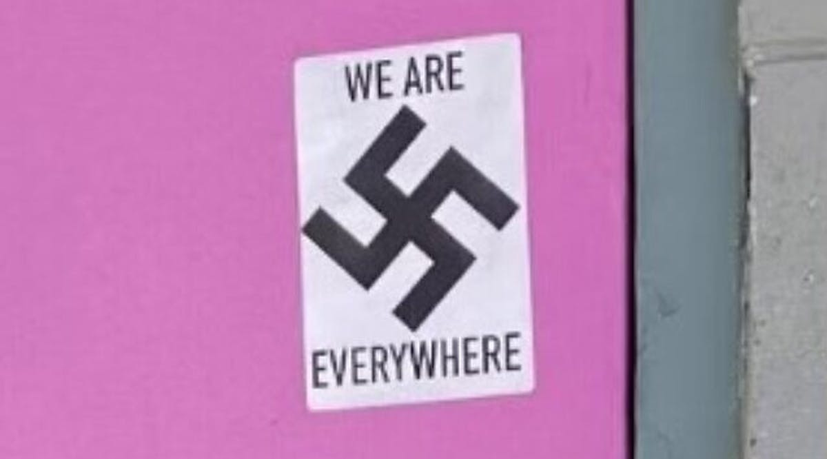 A sticker with a swastika is seen in Anchorage, Alaska