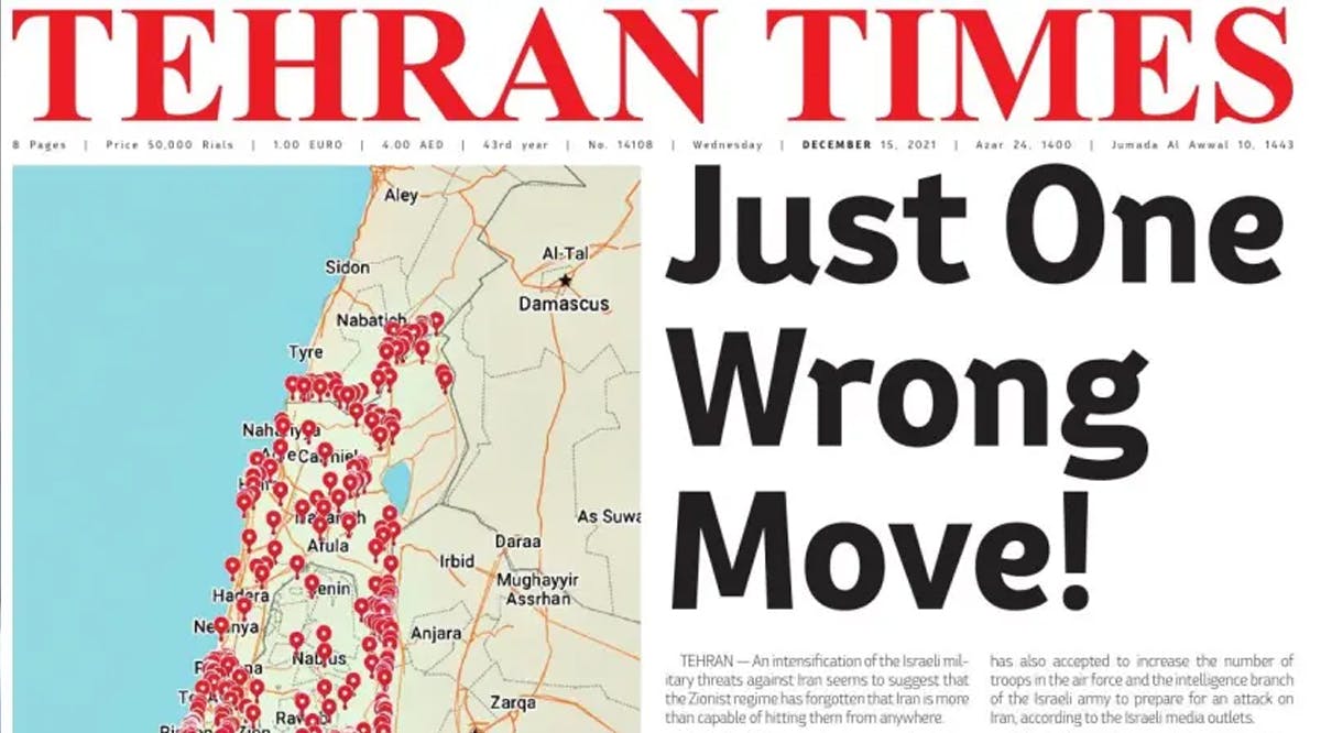 Front page of Tehran Times showing missile threat against Israel