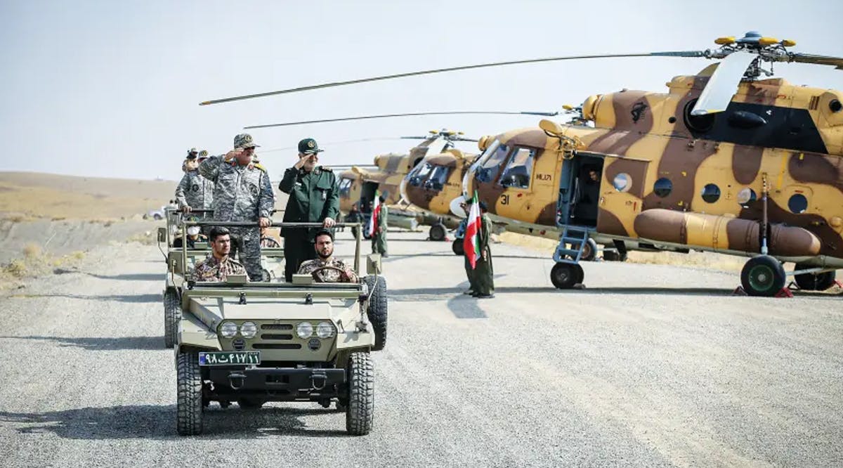 ISLAMIC REVOLUTIONARY Guard Corps Commander-in-Chief, Maj.-Gen. Hossein Salami, reviews military equipment during an IRGC ground forces drill in Iran