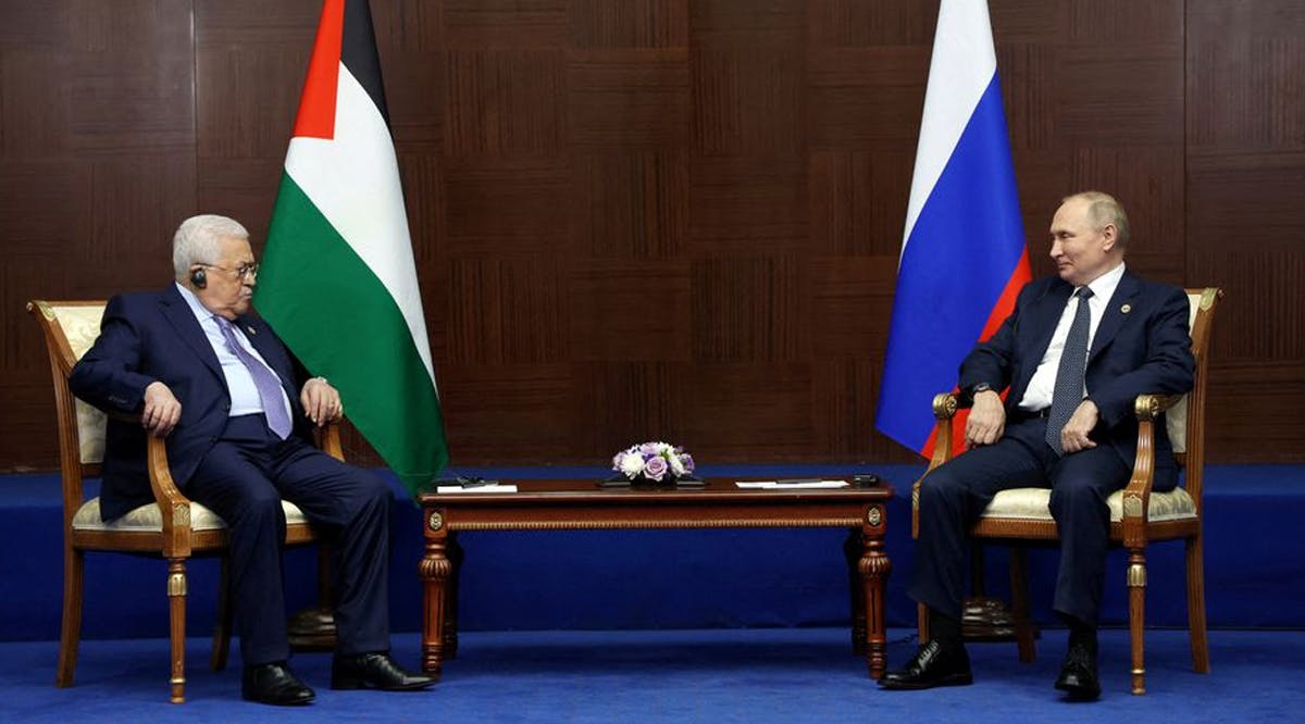 Russia's President Vladimir Putin and Palestinian President Mahmoud Abbas meet