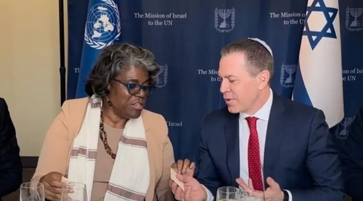 The United States Ambassador to the UN Linda Thomas-Greenfield and Israel's Ambassador to the UN Gilad Erdan at a mock Passover Seder hosted by Erdan at UN headquarters