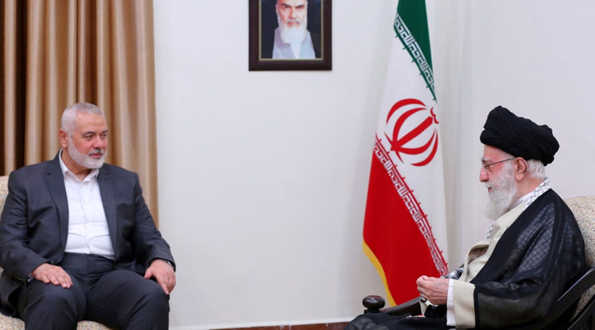 Iran's Supreme Leader Ayatollah Ali Khamenei meets with Palestinian group Hamas' top leader, Ismail Haniyeh, in Tehran