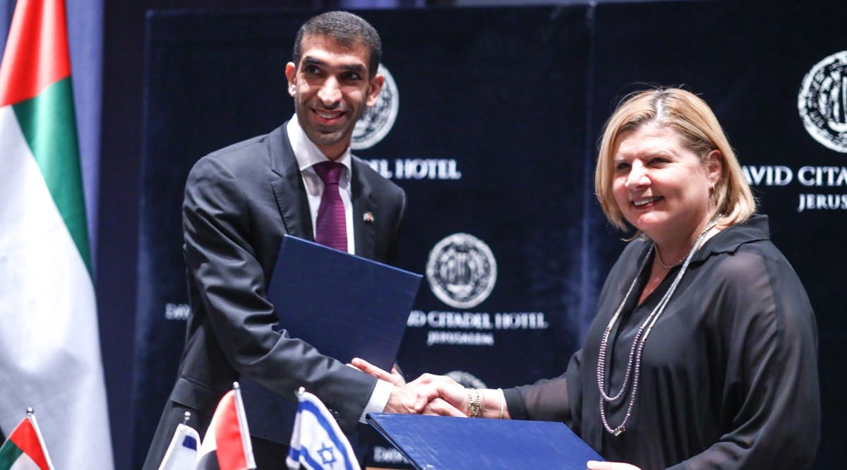 Economy Minister Orna Barbivai signs the Israel-UAE free trade agreement in Jerusalem with Thani bin Ahmed Al Zeyoudi, UAE Minister of State for Foreign Trade