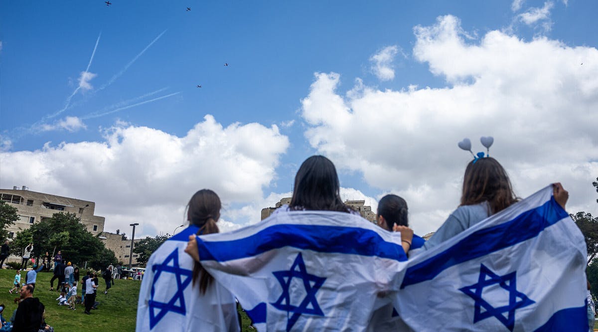 Israeli air force aerobatic team performs a flyover on Independence Day celebrations in Sacker Park, Jerusalem