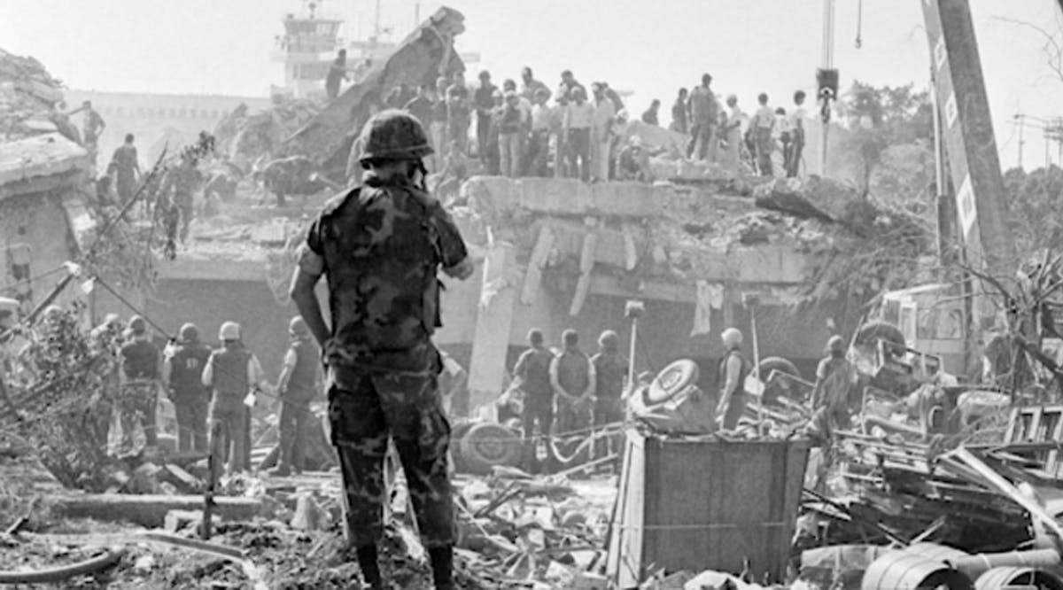 Aftermath of the bombing of the US Marine Corps Barracks in Beirut, Lebanon, October 1983