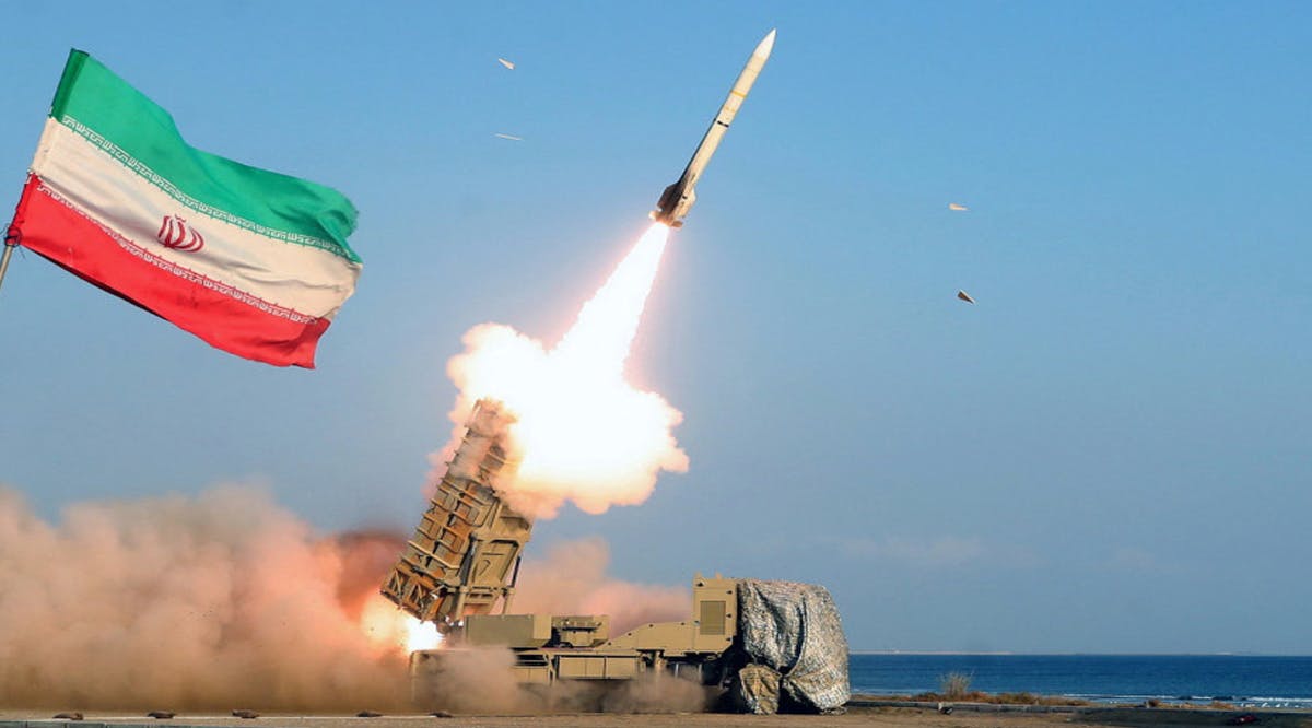 A missile is launched during an annual drill in the coastal area of the Gulf of Oman and near the Strait of Hormuz, Iran