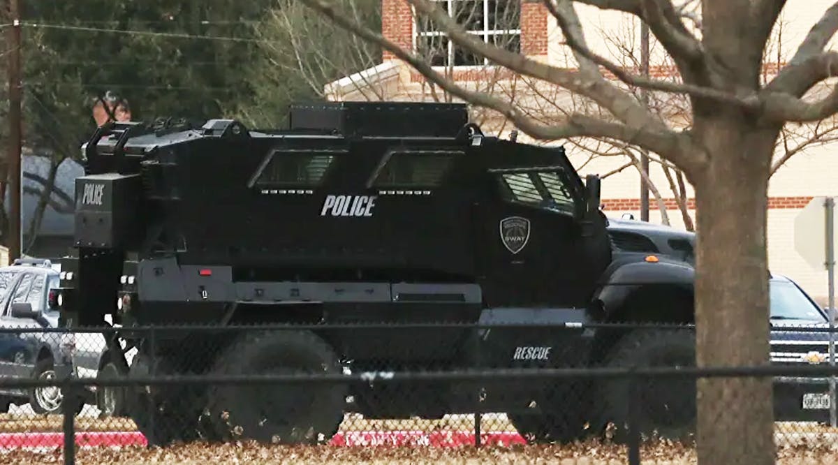 A law enforcement vehicle at a synagogue in Colleyville, Texas