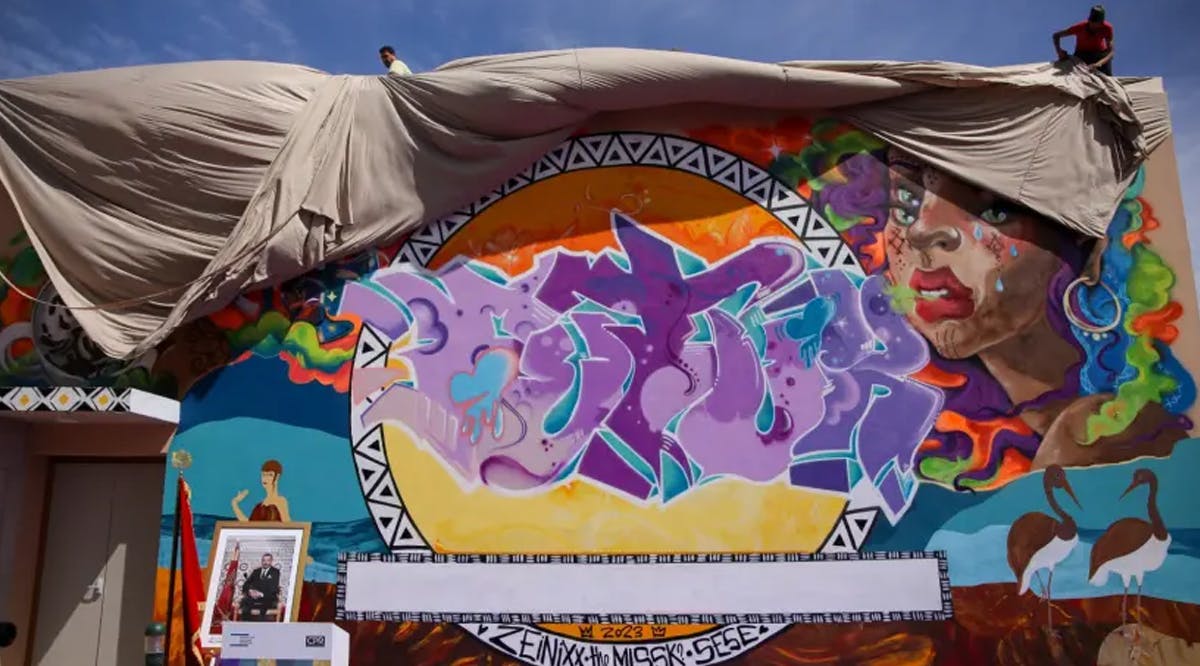 Graffiti wall in Marrakesh, jointly created by three artists from Israel, Morocco and Senegal