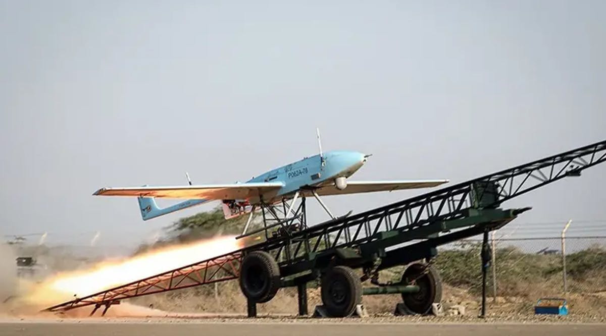 A drone is seen during an Iranian Army exercise dubbed 'Zulfiqar 1400', in the coastal area of the Gulf of Oman, Iran